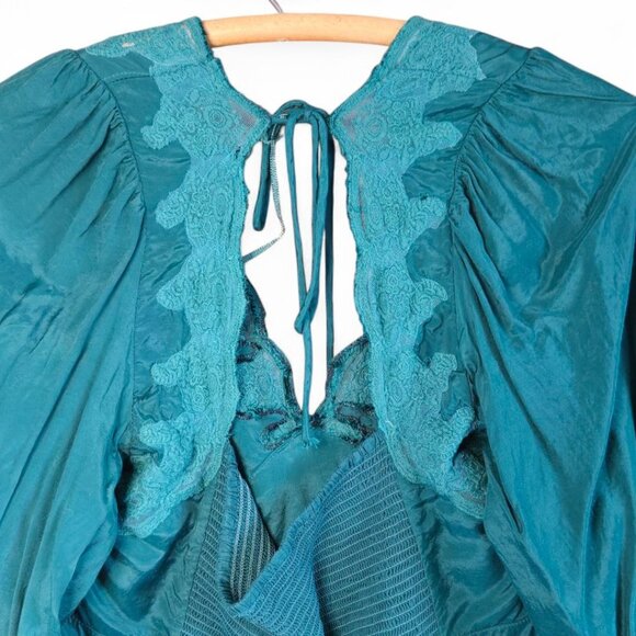 Free People Janelle V-Neck Lace Trim Corset-Style Blouse Teal Balloon Sleeves S - Picture 7 of 13